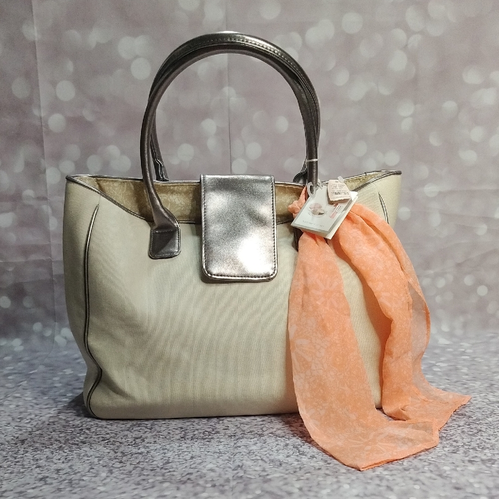 Victoria Secret Elegant Cream Tote with Silver & Satin Scarf Accent